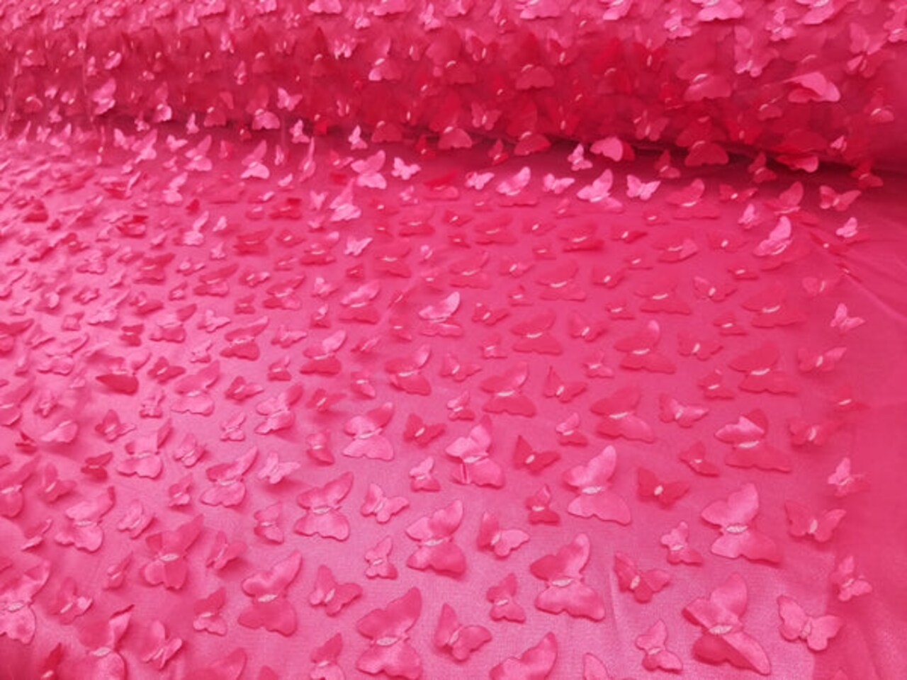 1 Yard 3D Butterfly Embroidered Fuschia Mesh Lace Fabric for Dresses and Crafts.